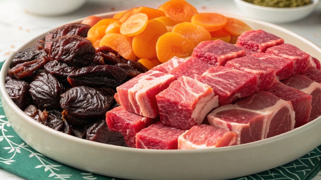 إفطار رمضان؛ لو عندكم لحم جربوا طواجن الدفا السريعة، طاجن لحمة بالبصل والفواكة المجففة .. لحمة دايبة