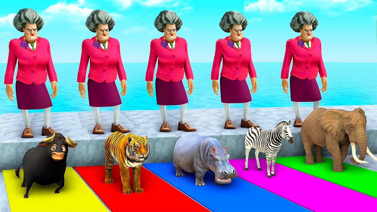 Long Slide Game with Dinosaur Cow Buffalo Hippo Gorilla 3d Animal Game Funny 3d Animals