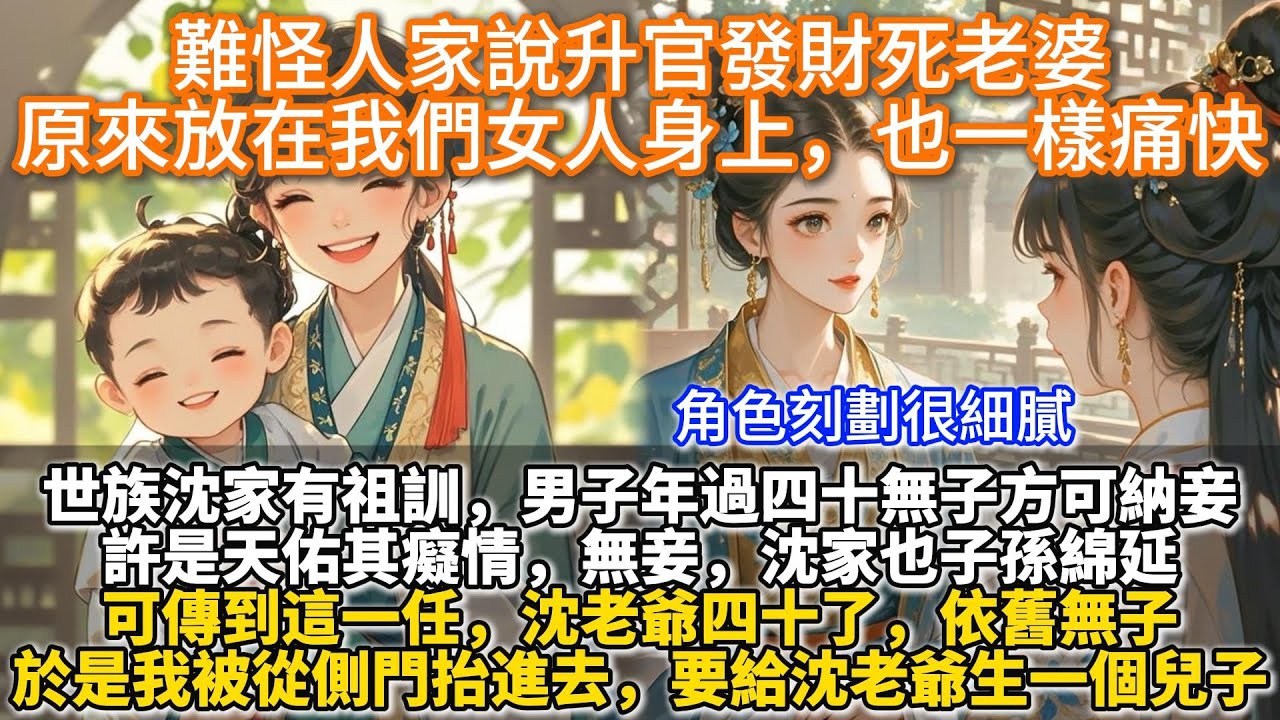 完結通透爽文：難怪人家說升官發財死老婆，原來放在我們女人身上，也一樣痛快。世族沈家有祖訓，男子年過四十無子方可納妾。傳到這一任，沈老爺四十了，依舊無子。於是我被從側門抬進去。要給沈老爺生一個兒子。