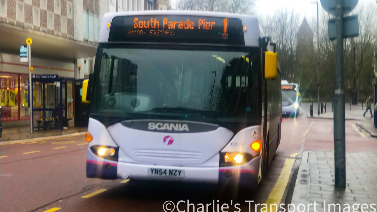 *Howling ZF* First Solent Scania CN94UB Omnicity 65024 (YN54 NZY) on Route 1 to Southsea