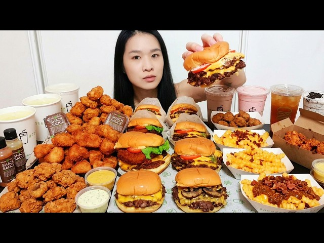 Huge Shake Shack Mukbang: Double ShackBurger, Shack Stack, Chicken Nuggets & Bacon Cheese Fries ASMR