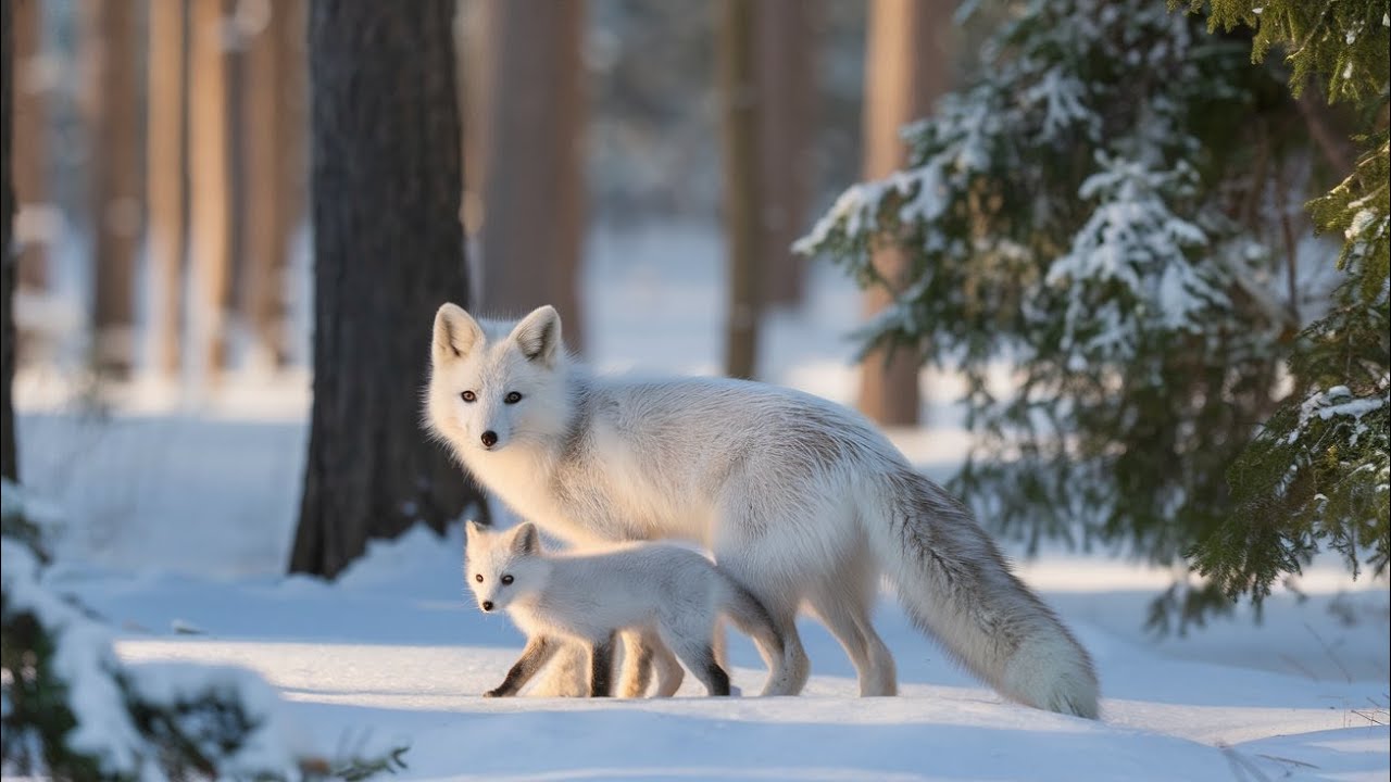 Rare Snow White Fox & Baby in Magical Winter Forest | Stunning Wildlife ...