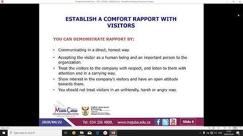 Office Practice L2 Topic 3 MODULE 8 Pages 42-48 - Receiving visitors - Ms LN Xaba