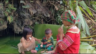 A single mother and her two children went to the forest to pick vegetables to sell