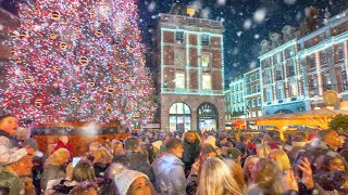 Snow in London’s Covent Garden ❄️ London Christmas Lights Tour 2023 ✨ London Winter Walk 🎄 4K HDR