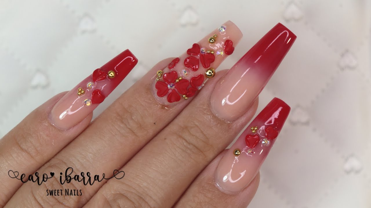 UÑAS OMBRÉ o Difuminadas Color ROJO con Flores en 3D | BABY BOOMER - thptnganamst.edu.vn