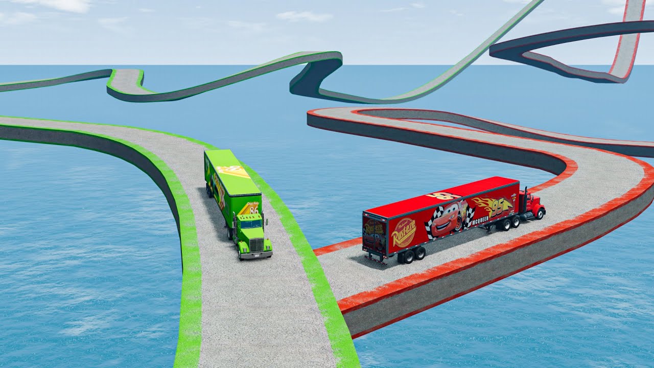 Mack Truck vs King Dinoco Truck vs Impossible Spiral Wave Maze Bridge Vs Deep Water - BeamNG.Drive