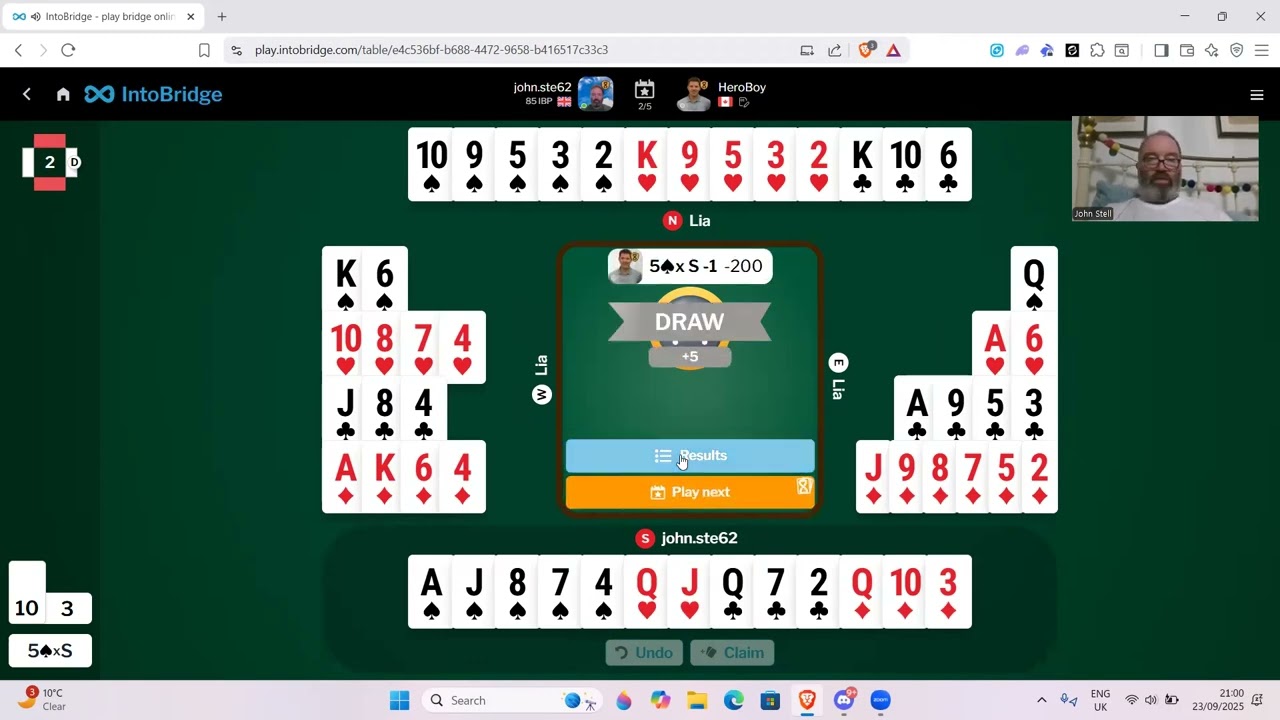 5 рук против лучшего игрока в бридж Дэнни Майлза 23 сентября 2025 г.