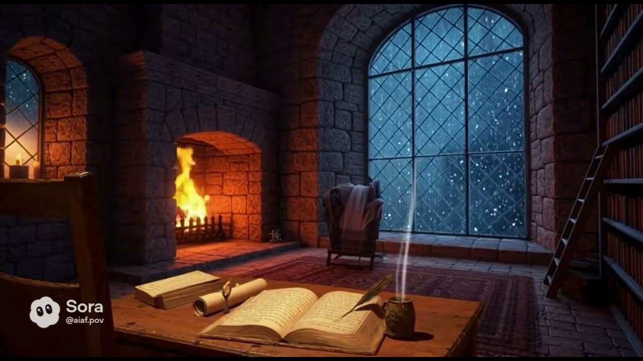 Medieval Scholar’s Library | Fireplace Ambience for Focus & Calm (1 Hour)