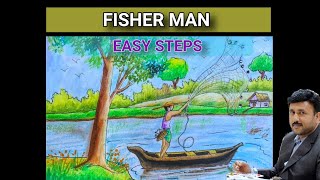 How to draw scenery of fishing step by step I how to draw scenery of fisherman catching fish