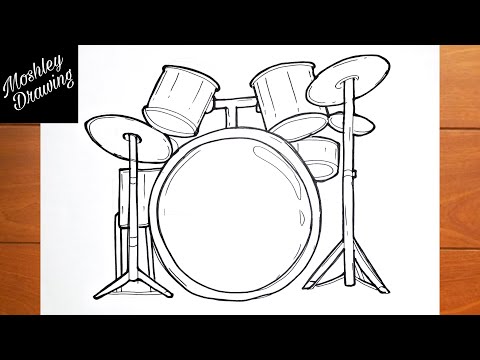 Sketched Drum Set Symbol Of Modern Percussion Instrument With Bass Drum In  The Center Of Kit Snare And Floor Drums On Both Sides Supplemented By  Crash And Hi Hat Cymbals Royalty Free