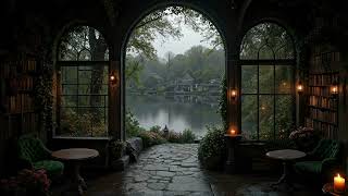 Moody Bookstore Café Ambience by the Lake | Dark Academia for Study, Focus | Sad Piano