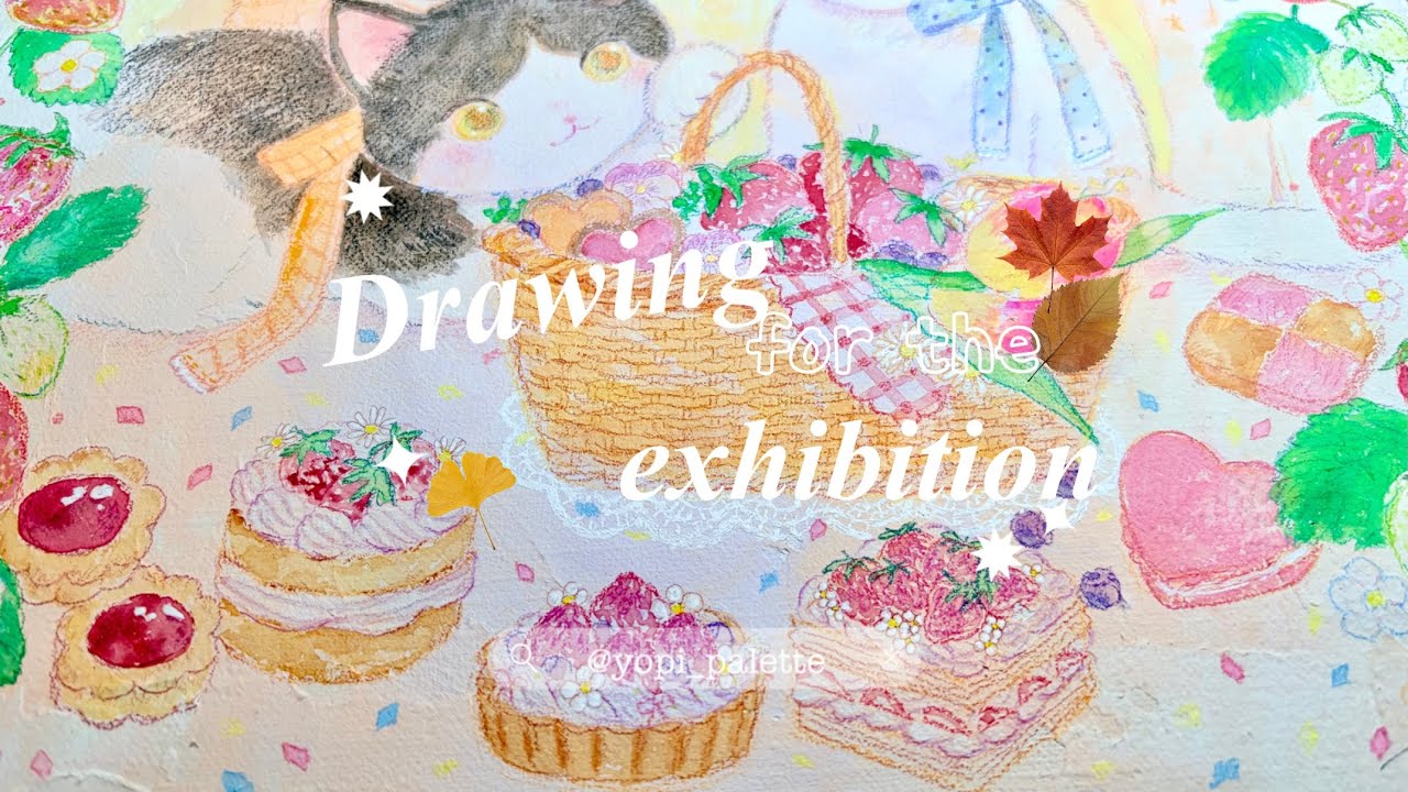 猫アーティストの作業風景🌸🍰✨/10月展示の絵/Painting for the