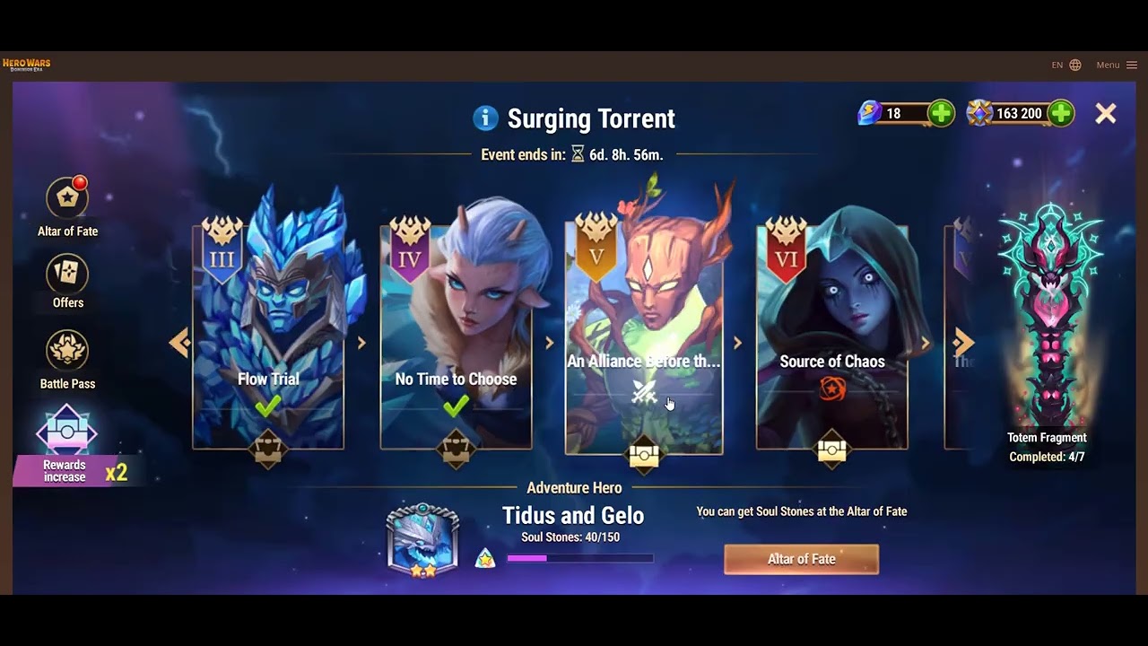 Hero Wars Surging torrent event for Titus & Gelo Battle Level 5 & 170 buff unexpected victory