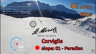Ski run St. Moritz Corviglia | slope 01 - Paradiso | POV 4K