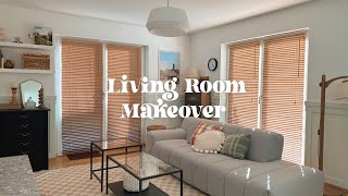 Cosy living room makeover | Renter-friendly window blinds + board and batten