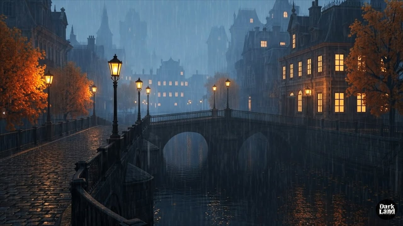Harp Dark Academia | Autumn Night in Rainy Old Town & Harp Music | Focus, Nostalgia