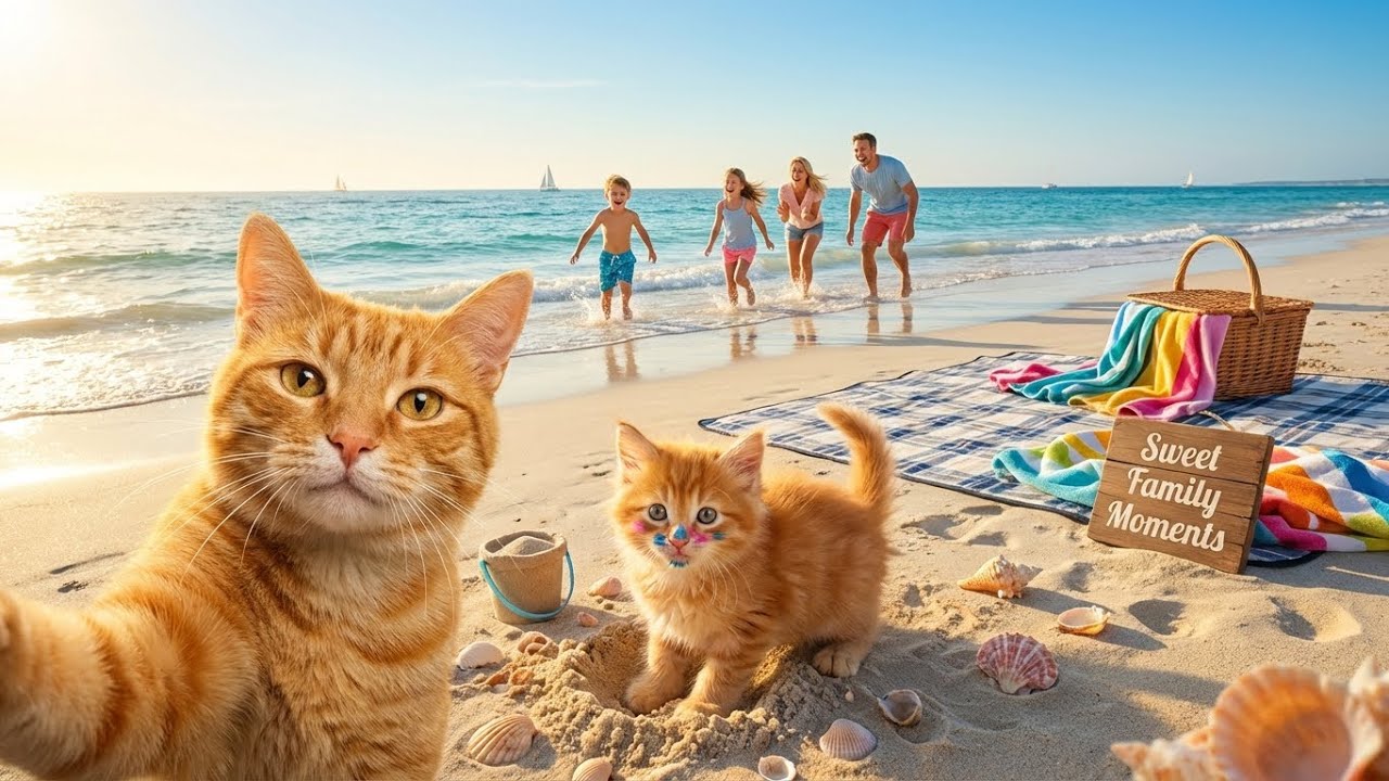 Mama Cat & Kitten’s Beach Day with Makeup, Seashells & Sweet Family Moments 🌸🐾🌊