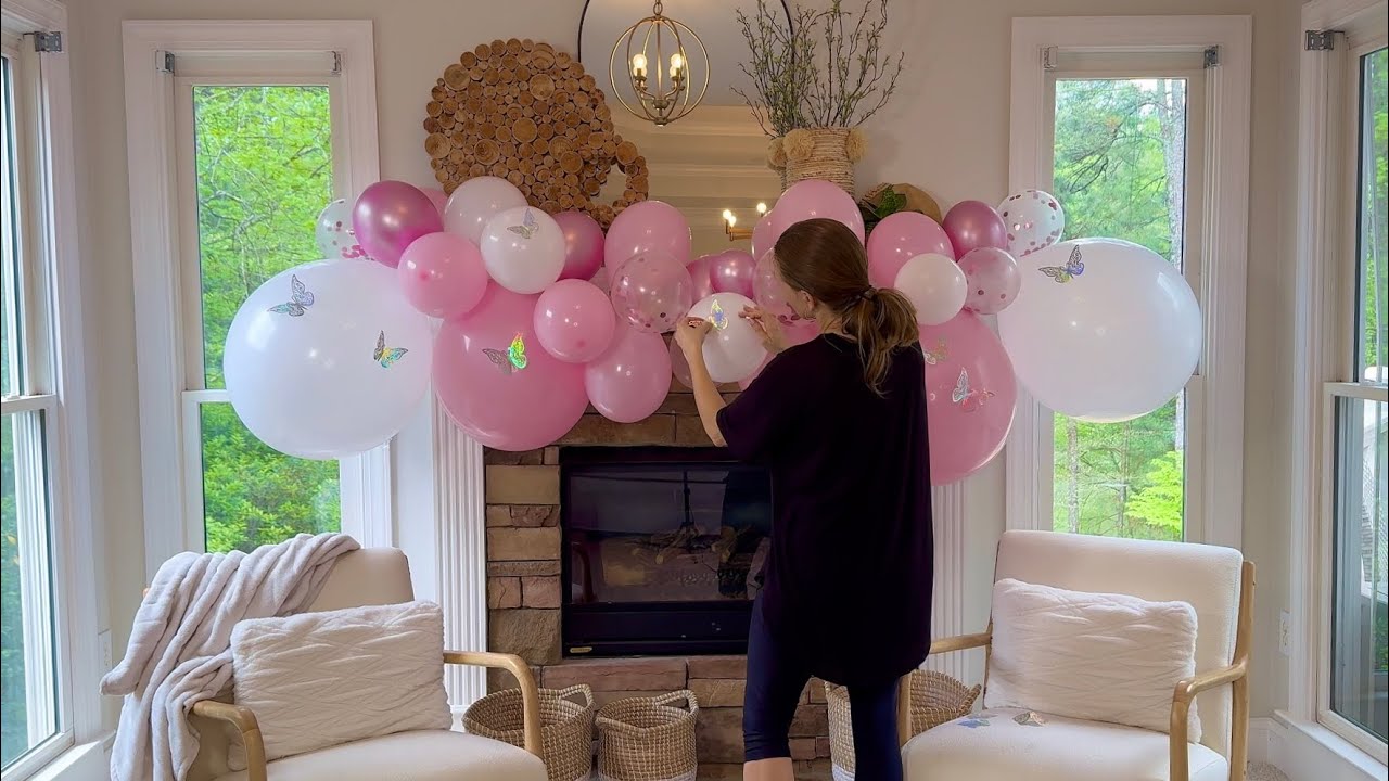 Pink Balloon Arch Kit, Pink and White Balloon Garland with Confetti Balloons and Butterflies