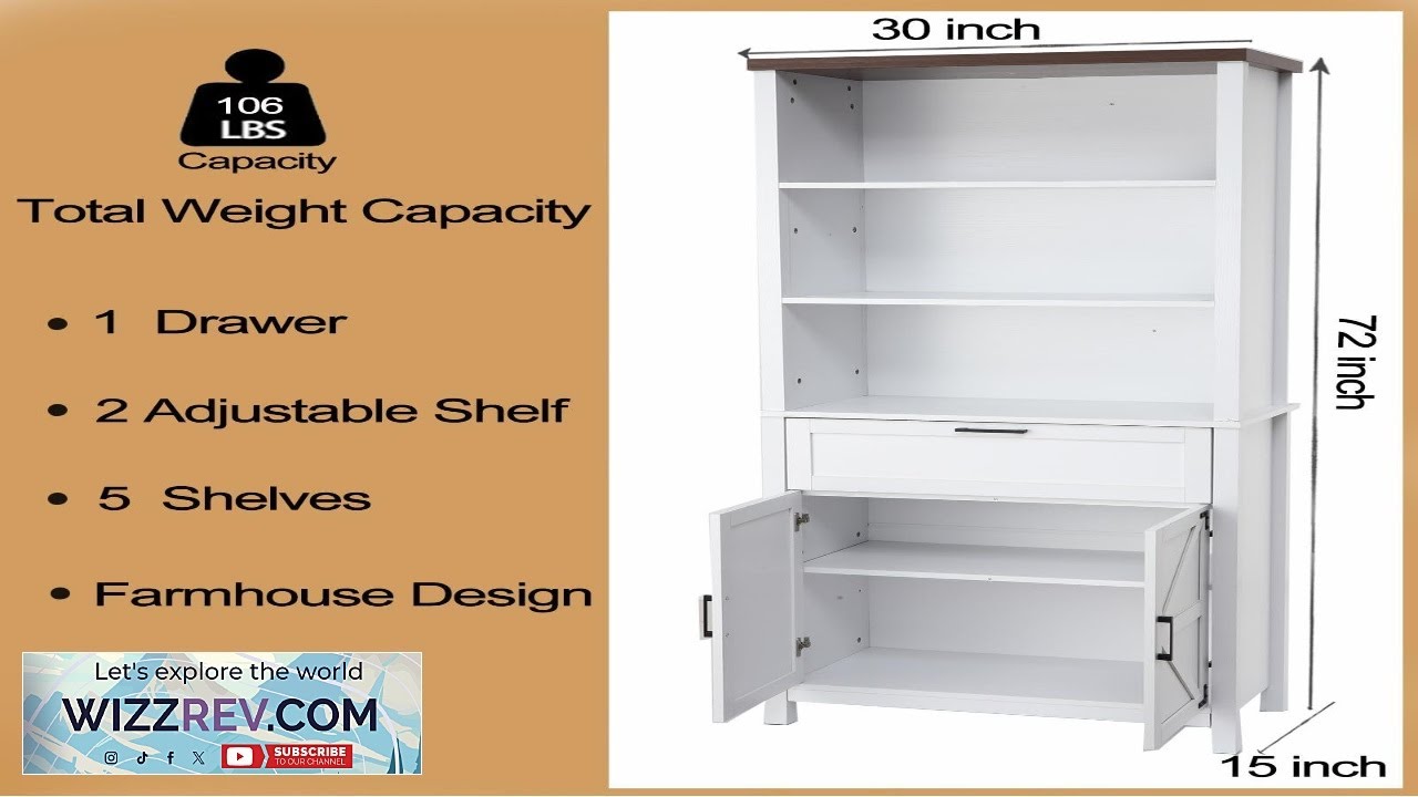 Garvee Bookshelf Bookcase with Doors 6 Tier Farmhouse Storage Cabinet Adjustable Shelves