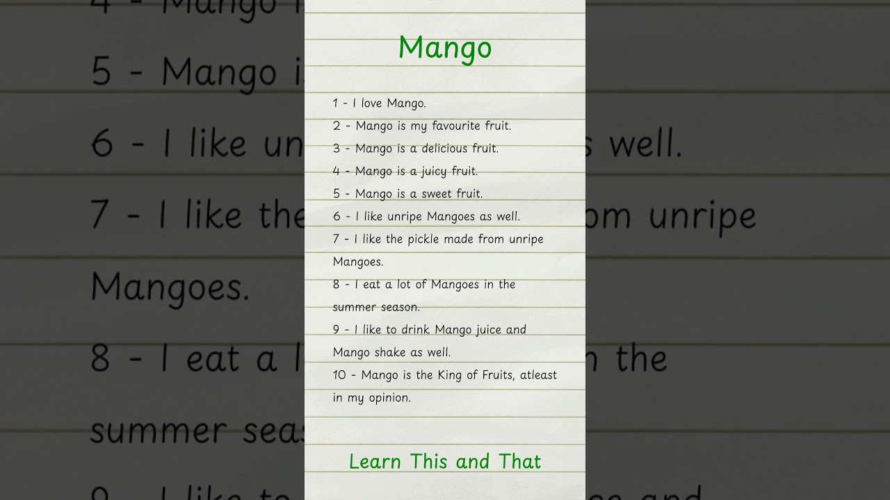 10 lines On Mango In English/Essay On Mango Fruit in English writing/My favourite fruit essay l