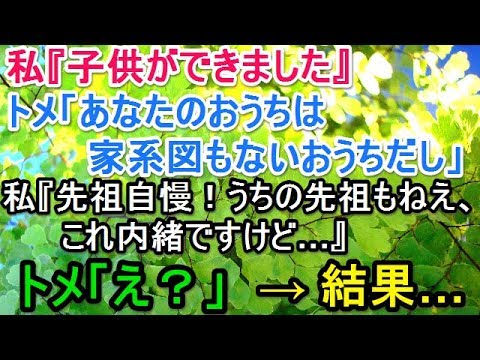 私『子供ができました』トメ「あなたのおうちは家系図もないおうちだし」私『先祖自慢！うちの先祖もねえ、これ内緒ですけど…』トメ「え？」 → 結果…