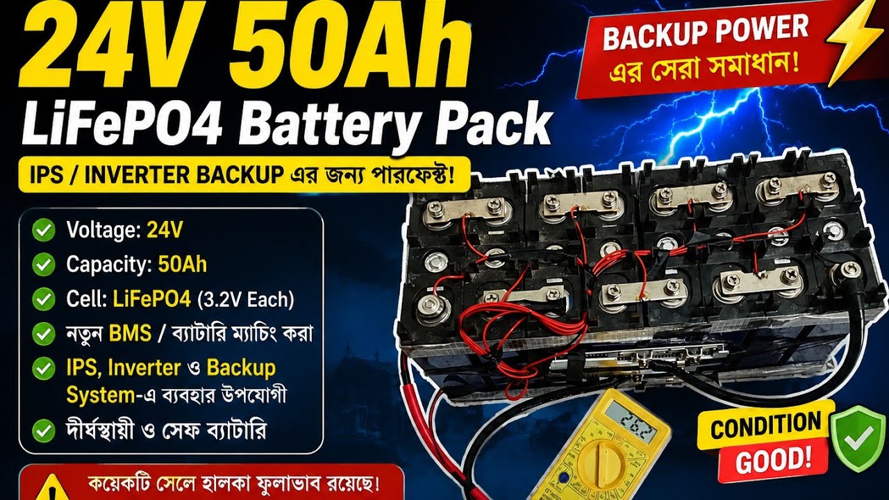 24V 50Ah LiFePO4 Lithium Battery Pack– For IPS/Inverter Backup
