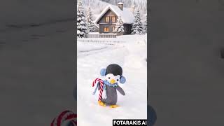 눈 오는 마을을 걷는 꼬마 펭귄 A Little Penguin Walking In A Snowy Village