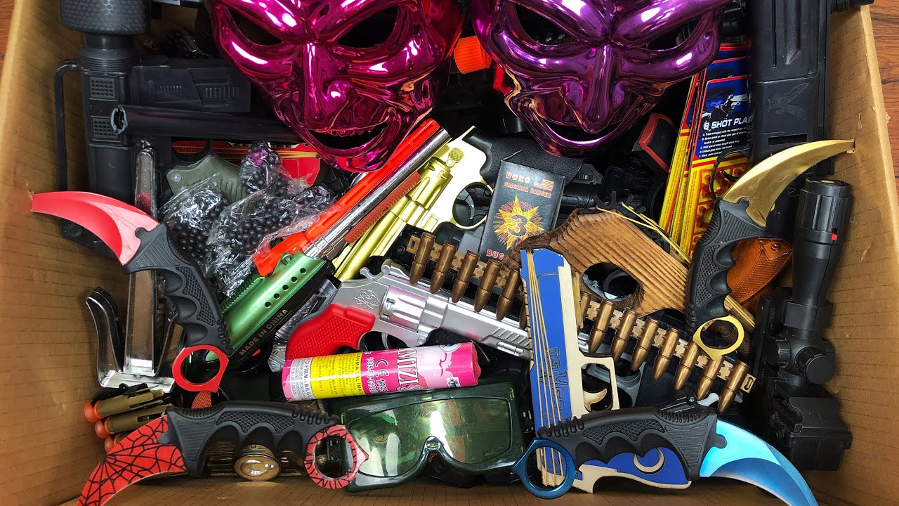 Box full of Hazardous Explosives! Bead Launch Guns - Real Karambit Knives - Gun Types and Equipments
