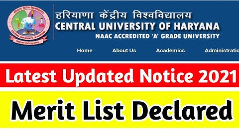 Central University of Haryana Merit List CUCET 2021!! CUH Merit List Latest Updated Notice