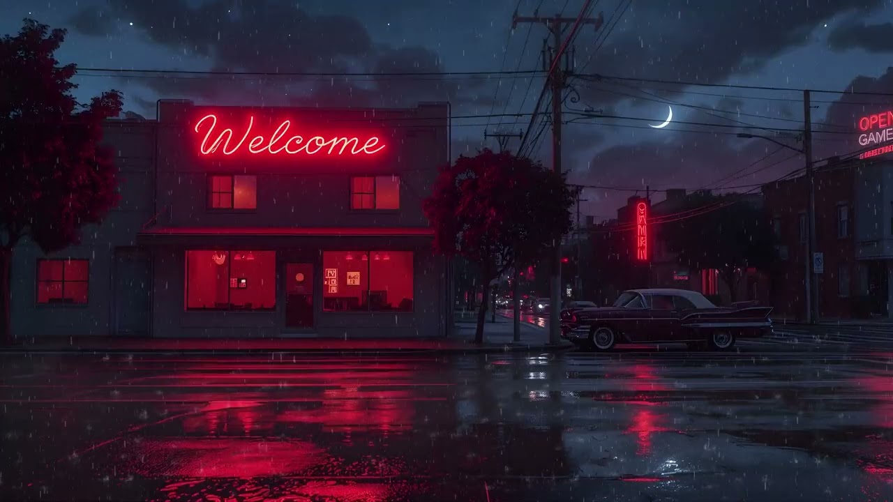Neon Welcome Sign at Midnight 🌧️ Calm Lofi Music for Night Owls