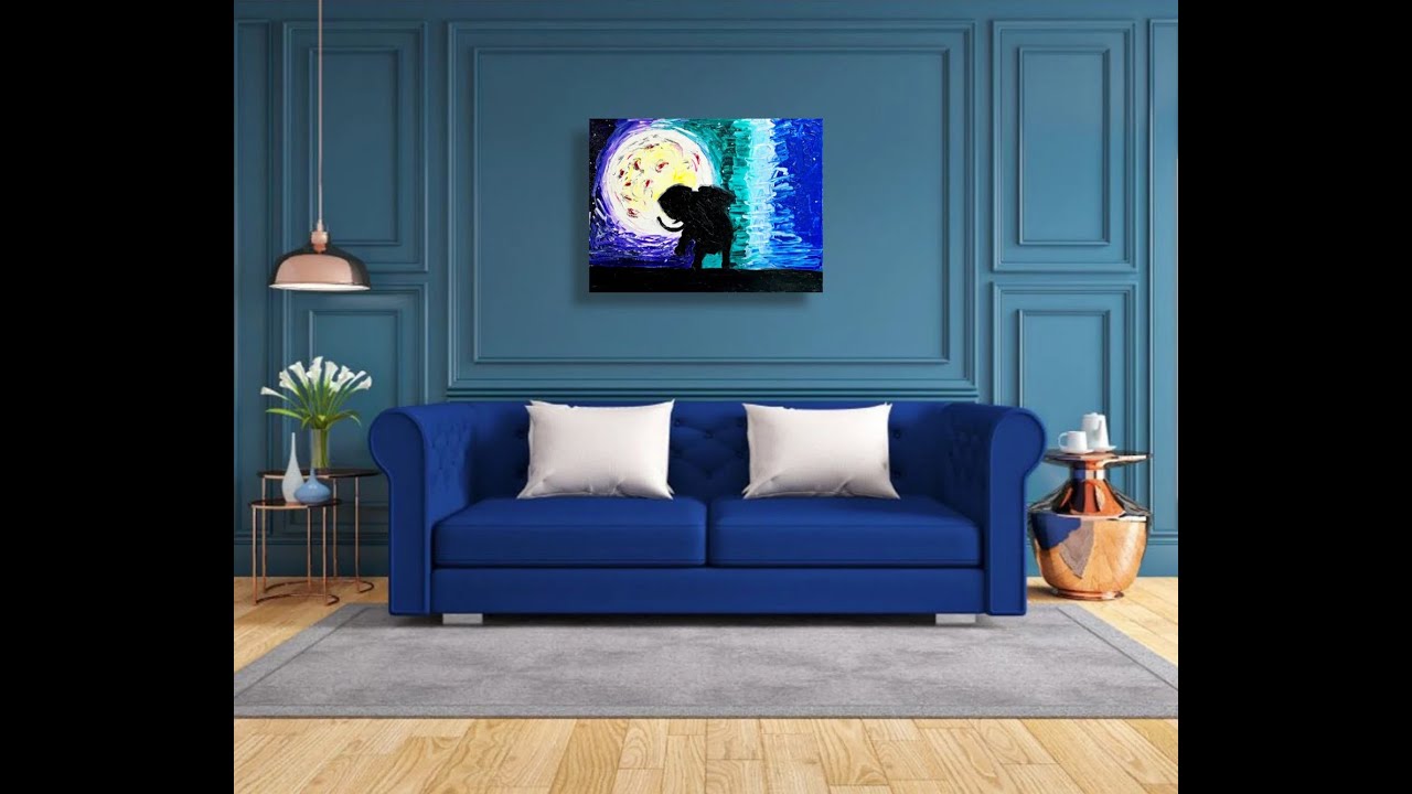 Elephant Painting Full Moon Original Art Canvas Wall Art Impasto Oil African Art Landscape Safari