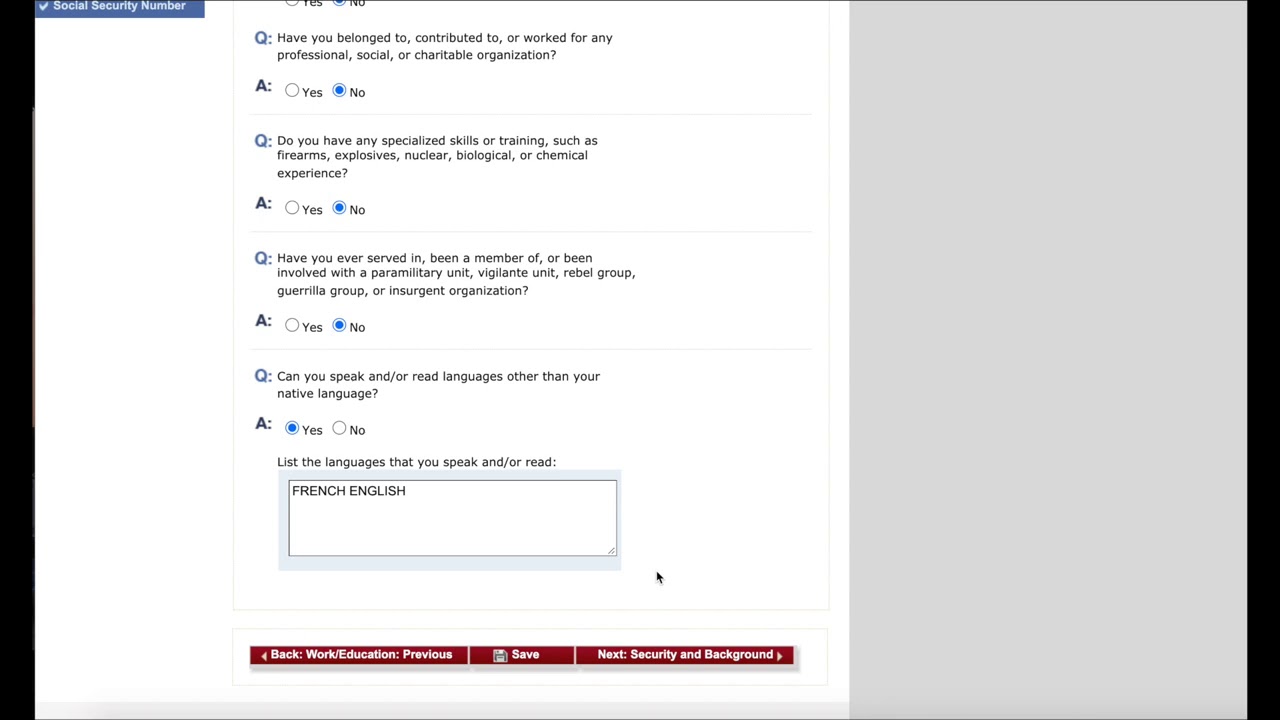 طريقة ملأ استمارة DS260 الجزأ 6 من 7: تتمة أسئلة  الدراسة والعمل والتداريب والوصول الى اخرها