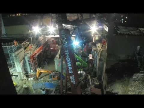 Time lapse video showing new bridge deck being slid into place at Blackfriars station in London over Christmas 2009/New Year 2010 holiday. Bridge is stronger than previous structure and will allow track to be realigned at Blackfriars to increase line speeds and train capacity.