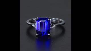14K White Gold Emerald Cut Tanzanite with Side Diamonds 3.75 Carats
