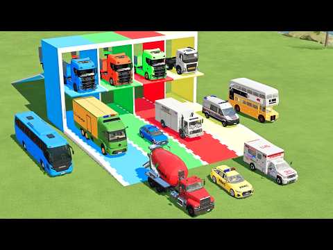 FS22 | BOX TRUCK, MACK CEMENT TRUCK, MAN MIXER TRUCK, POLICE CAR TRANSPORTING TO GARAGE WITH SCANIA