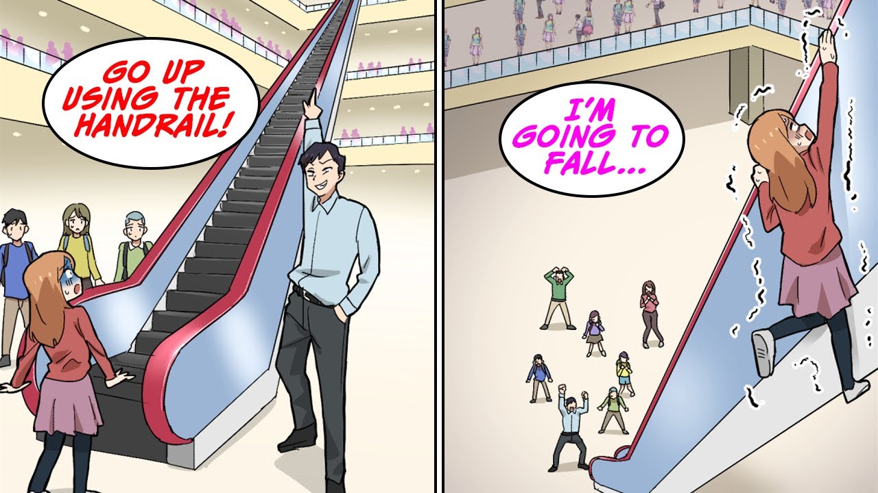 I had to hold on to the handrail of a giant escalator and climb up to the top [Manga Dub]