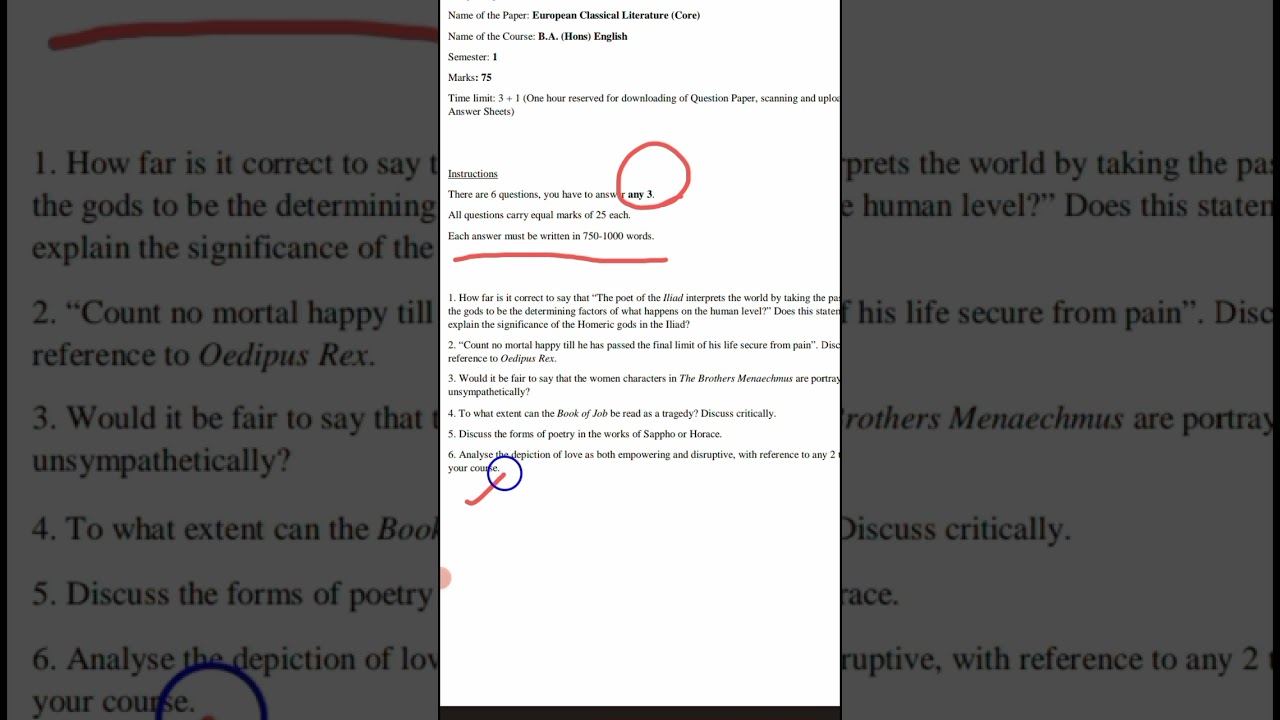 European Classical Literature Privious Year Question paper l sol 1st semester BA Hons English 