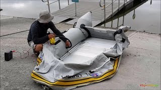 Tips + Tricks launching AL hard floor inflatable boat with the DIY transom launching wheels.