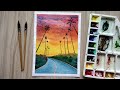 Watercolor painting sunset scenery with coconut trees || step by step || for beginners