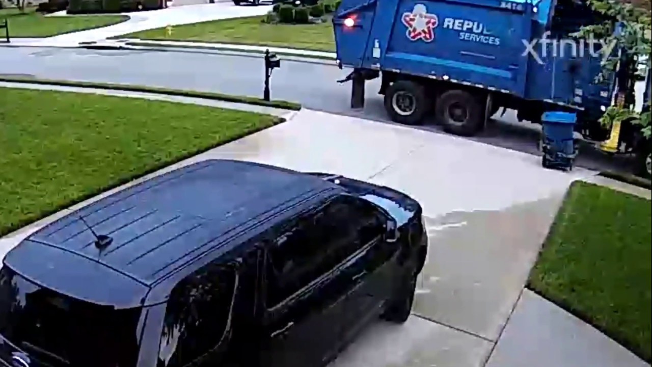 Garbage Truck Destroys Garbage Can During Pickup - YouTube