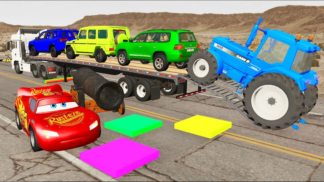 Flatbed Truck McQueen | Transportation with Truck - Pothole vs Car #7 | BeamNG.Drive Gameplay