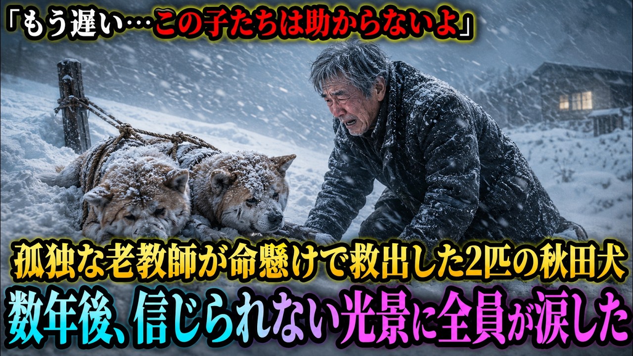 【猛吹雪の雪山に縛り付けられた2匹の秋田犬】孤独な老教師が命懸けで救出…その数年後、信じられない光景に全員が涙した