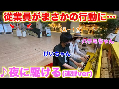 閉店後のショッピングモールで「夜に駆ける」を連弾したら従業員が…【ハラミちゃん×けいちゃん】【ストリートピアノ】