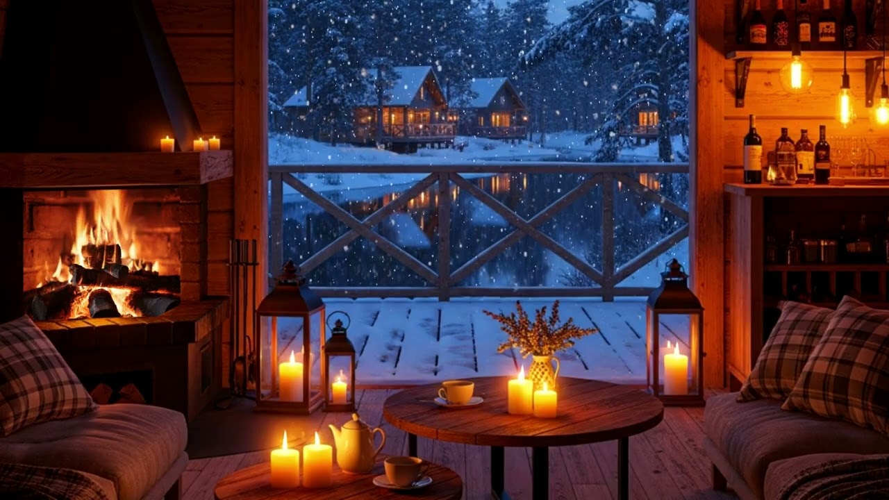 Snowy Lakeside Café Ambience with Relaxing Jazz Music & Gentle Crackling Fireplace