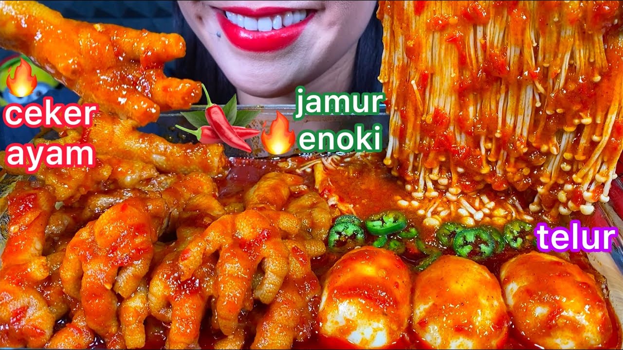 MAKAN TELUR KUAH CABE CEKER AYAM *SPICY EGG CHICKEN FEET ENOKI MASSIVE Eating Sounds