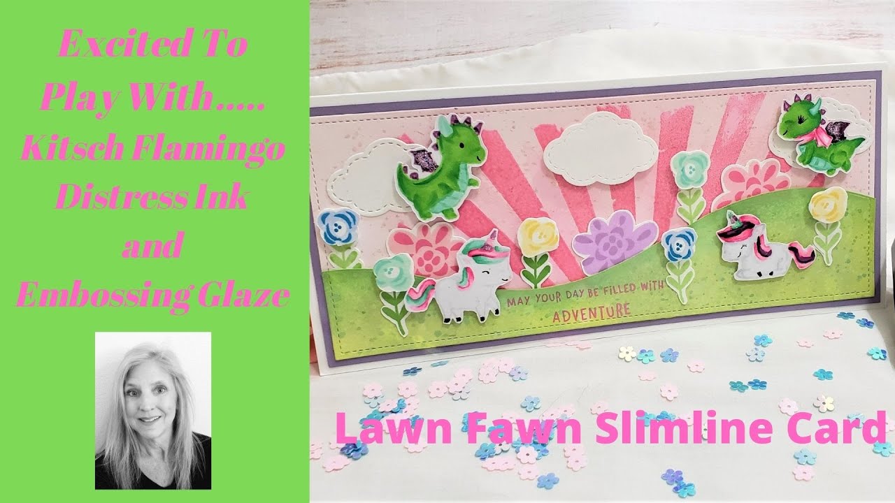 Let's Create a Magical Spring Lawn Fawn Slimline Card and Play With The New Kitsch Flamingo Ink