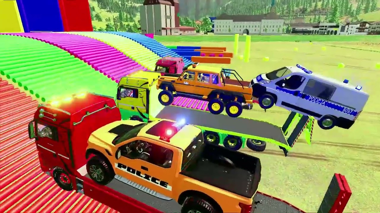 TRANSPORTING DACIA, MCQUEEN CAR, FORD POLICE CAR, AMBULANCE EMERGENCY WITH MAN TRUCKS |