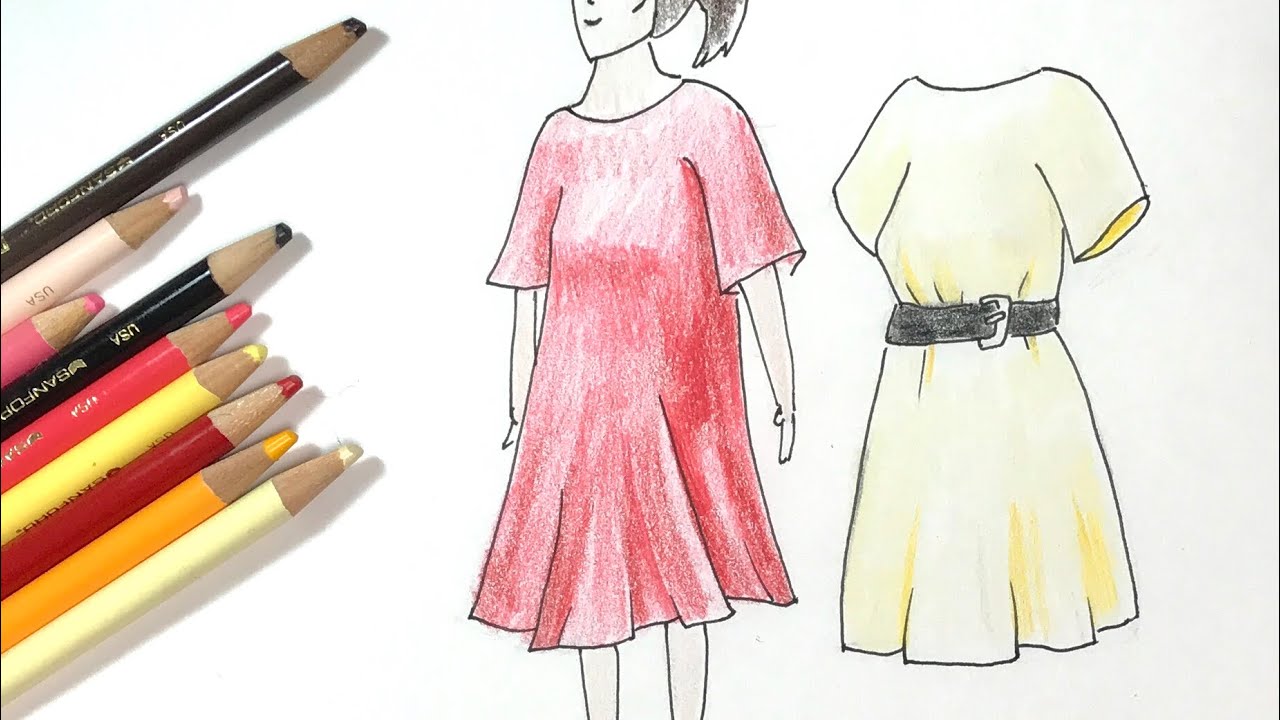 洋服 ワンピース の描き方 色鉛筆とペンの簡単イラスト One Piece Dress Youtube