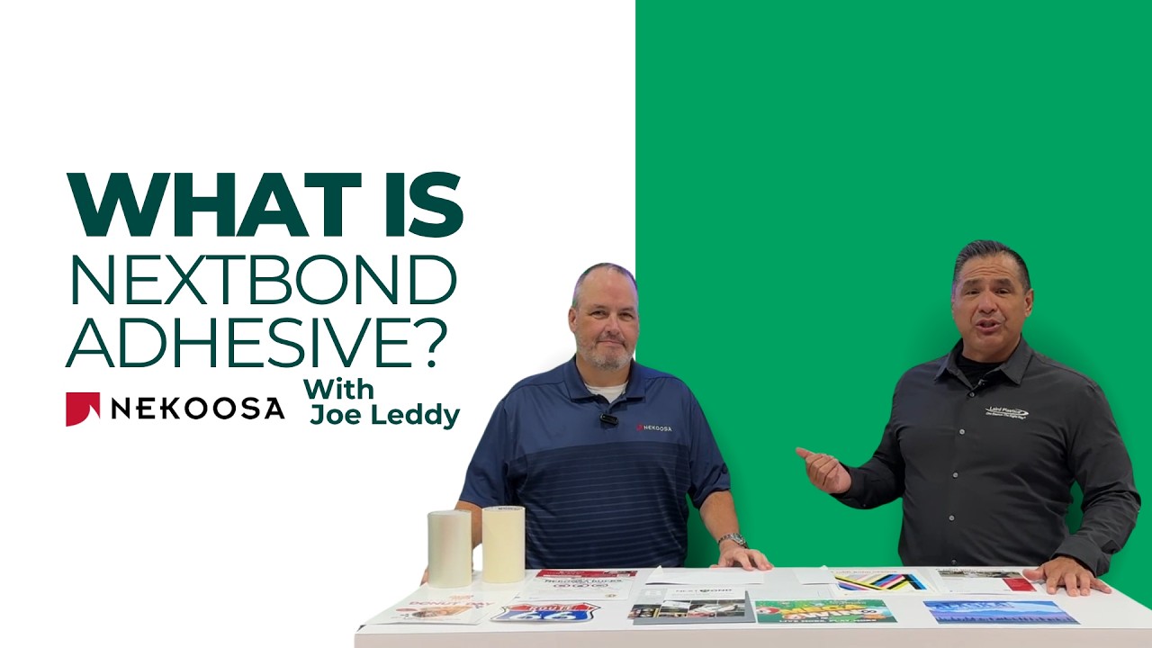 Joe Leddy of Nekoosa and James Bailey of Laird Plastics explain NextBond UV-cured adhesive at PRINTING United Expo 2026